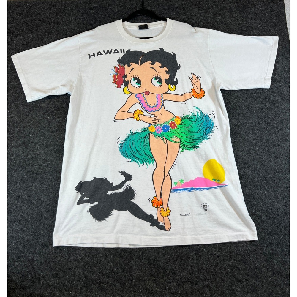 VTG 90s Betty Boop Hawaii T Shirt Men One Size White Hula Graphic Tee Streetwear